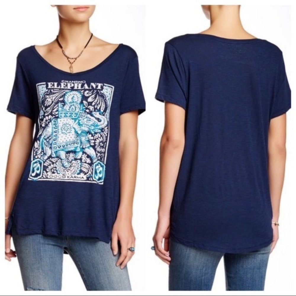 Lucky Brand Chanting Elephant Navy Blue T-shirt XS